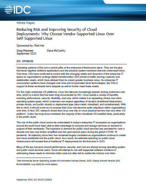 IDC: Reducing Risk and Improving Security of Cloud Deployments: Why Choose Vendor-Supported Linux Over Self-Supported Linux