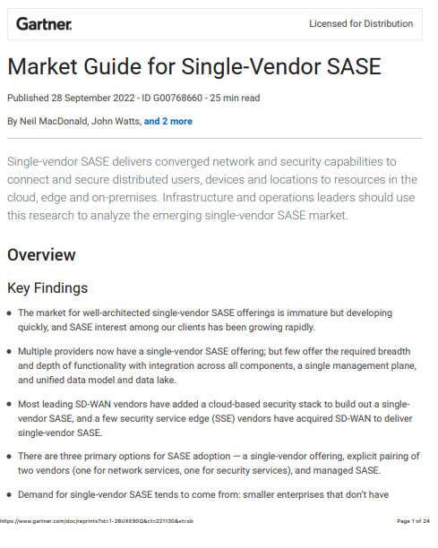 Gartner Single Vendor SASE Analyst Report