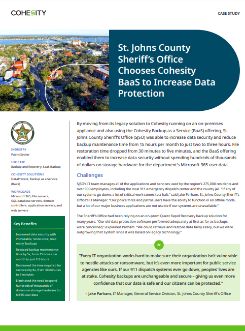 St. Johns County Sheriff's Office Boosts Data Protection with Cohesity Backup as a Service
