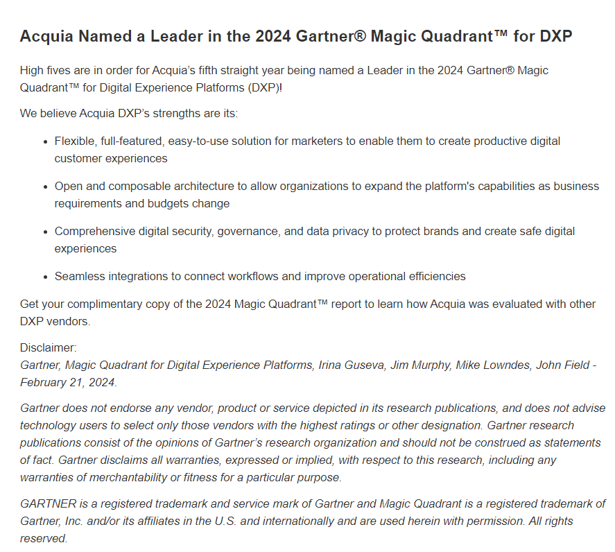 Acquia Named a Leader in the 2024 Gartner® Magic Quadrant™ for DXP
