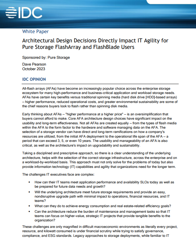 Architectural Design Decisions Directly Impact IT Agility for Pure Storage FlashArray and FlashBlade Users