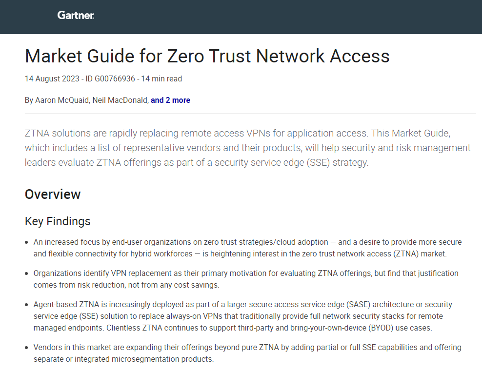 2023 Gartner® Market Guide for Zero Trust Network Access